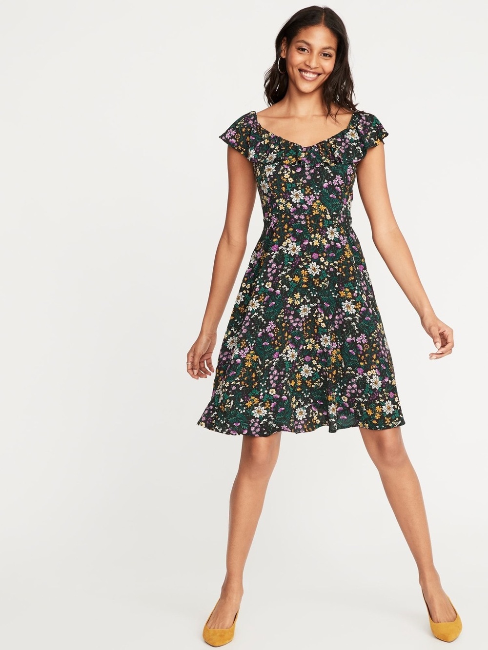 Old Navy Dark Green Floral Ruffle-Neck Fit N Flare Mini Dress Casual Summer Med